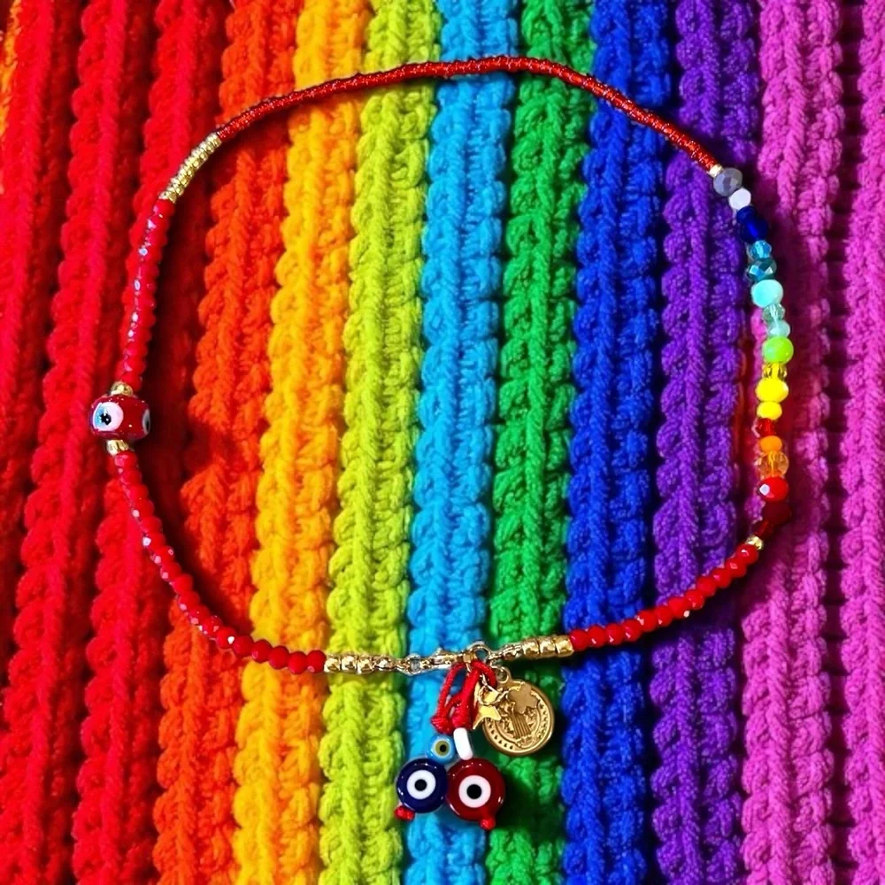 Vibrant Red Hand Beaded Rainbow and Evil Eye Protection Necklace 16”